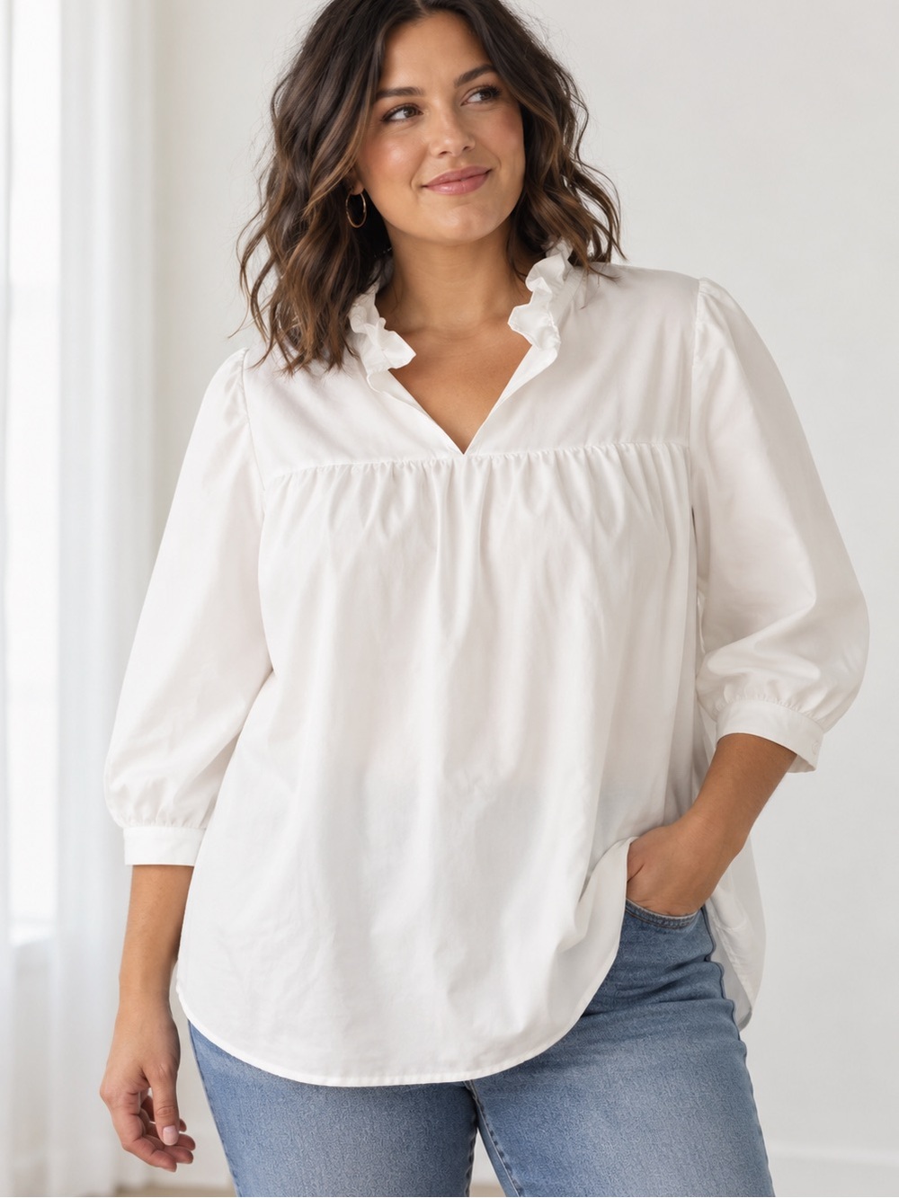 🌼 3/$15 SALE White Ruffle Neck Babydoll Blouse Puff Sleeve XXL